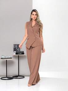 New Tailored Set Consisting Of Vest And Wide-Leg Trousers C6608 - Mocha Brown - View 3