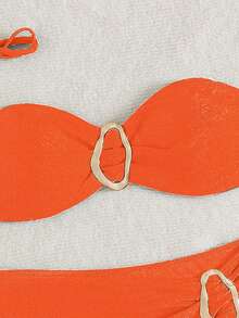 Women's Solid Color Flat Chest Bikini Two Pieces Set With Metal Accessory In The Middle, Suitable For Island Vacation - Orange - View 5
