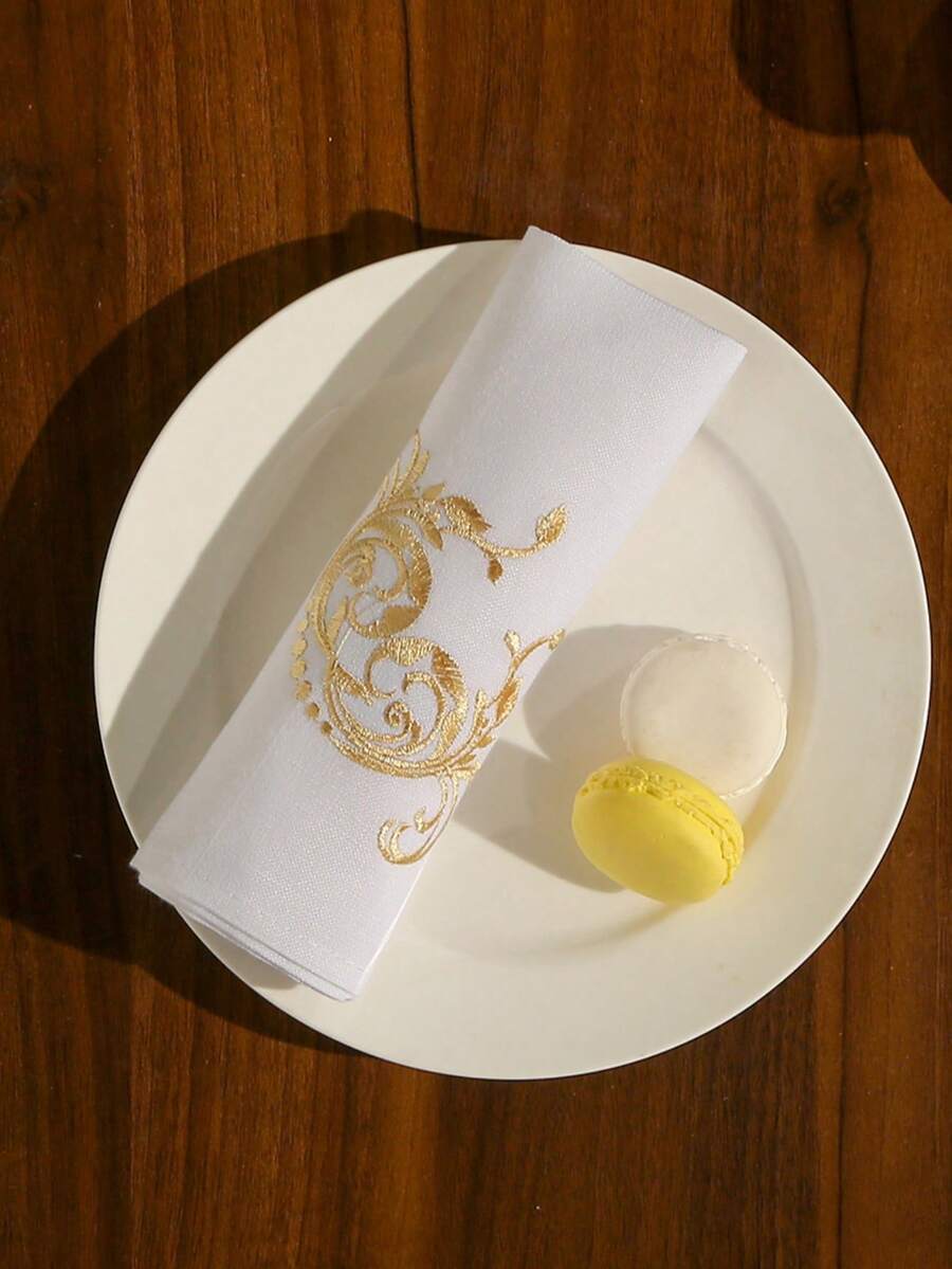 1pc 100% Polyester Napkin, Soft Fabric, Delicate Embroidery, Square Tablecloth, Wedding Party Decor, Multiple Colors Available - Gold - View 1