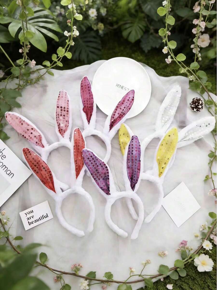 5/6/7 件套，毛绒亮片兔耳朵发箍，派对发箍，兔耳朵发箍，适合生日装饰、节日装饰、派对装饰、主题派对和其他节日 - A - 查看 1