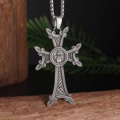 1pc Vintage Celtic Cross Necklace - Intricate Knot Pendant With Chain Box, Unisex Religious Amulet