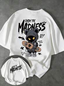 男士“享受疯狂”图案街头服饰T恤 - 夏季休闲圆领上衣，饰有野生熊和滑板印花，适合街头服饰时尚和滑板文化 - 白色 - 查看 9