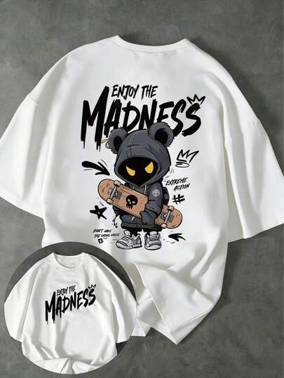 男士“享受疯狂”图案街头服饰T恤 - 夏季休闲圆领上衣，饰有野生熊和滑板印花，适合街头服饰时尚和滑板文化
