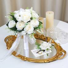 Wedding Bouquets Set Of 3, Wedding Bouquets For Bride, Wedding Bouquet Bridesmaid, Bridesmaid Holding Flowers For Wedding Decoration, White Wedding Flower Bouquets White Floral Bouquet Rose Bouquets With Ribbon - 3 - 查看 4