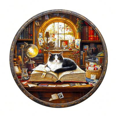 1件装 Whiskers Library 木制拼图，不对称动物造型木制拼图，装饰艺术品，桌面益智游戏，独特的儿童教育拼图，节日礼物，成人木制拼图，返校礼物，母亲节礼物，生日礼物