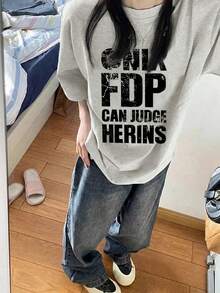 女款 Y2K 龐克街頭風寬鬆落肩破洞圖案休閒 T-shirt 夏季 - 淺花灰 - 查看 3
