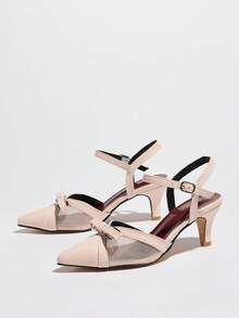 女士新款尖头细高跟蝴蝶结网纱拼接优雅时尚后跟镂空派对婚礼高跟鞋 - 淺粉色 - 查看 4