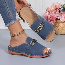 PWIIMG Women's Metal Buckle One-Piece Slide Sandals, Versatile Summer Slippers, Casual Open Toe Mules - Blue - View 2