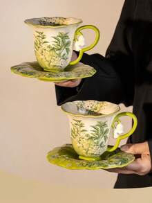 一套手工制作的3D铃兰、马蹄莲、薰衣草陶瓷咖啡杯碟，法式复古拉花咖啡杯碟，意式浪漫下午茶甜点杯碟，适用于餐厅、客厅、咖啡馆、甜品店、礼品、聚会 - 彩色 - 查看 7