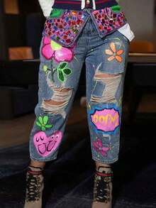 [] Hot New Arrivals Recious Womens Ripped Distressed Destroyed Colorful Rhinestones Printed Party Clubwear Pants Jeans - Blue - View 9