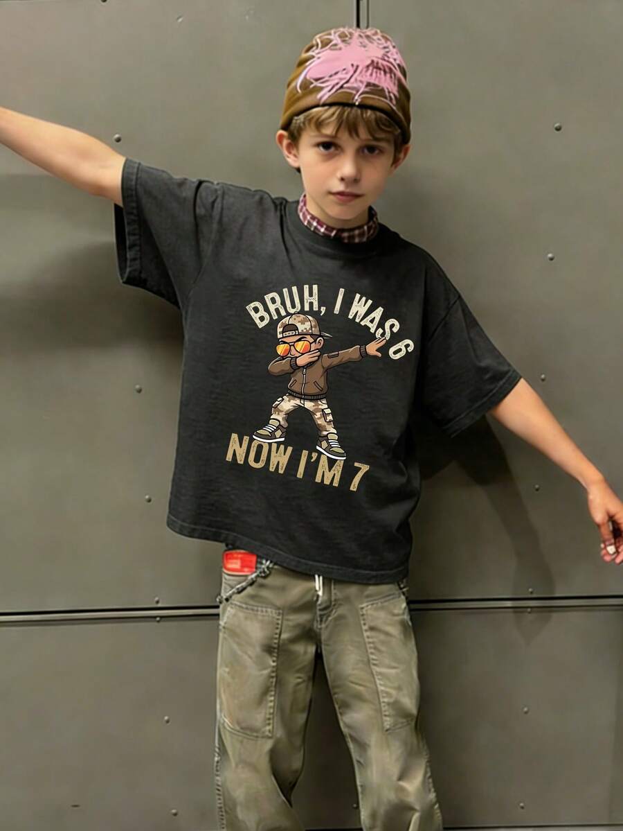 1pc Tween Boys' 67 Print Short Sleeve T-Shirt, Student Youth Clothing, Summer Top Prepared For Boys Ready To Play - Dark Grey - View 1