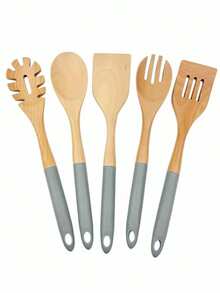 5pcs Wooden Cooking Utensil Set, Heat Resistant Non-Stick Cookware Spatula, Ladle, Slotted Spoon, Round Spoon, Slotted Spatula, Pasta Server, Salad Fork, Kitchen Tools - Multicolor - View 15