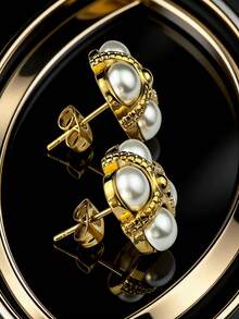 1 Pair Retro Elegant Four-Leaf Flower Pearl Gold Stainless Steel Earrings, Suitable For Women's Daily Wear, Gift For Lover, Family, Friend, Anniversary, Birthday, Party, Luxurious Earrings - Gold - View 7