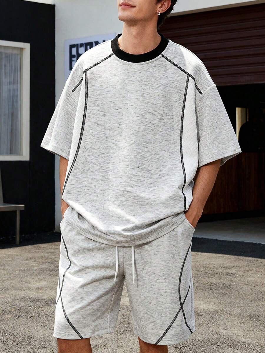Men's Round Neck Short Sleeve T-Shirt And Pocket Shorts Casual Daily Outfit - Light Grey - View 1