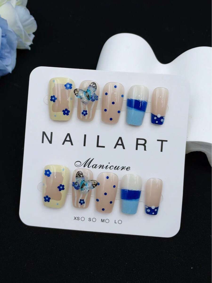 10 miếng dán móng tay thủ công, hình thang ngắn màu xanh dương, kiểu dáng Pháp thơm mát, decal móng tay, móng tay năm mới, móng tay ngày Valentine, móng tay gel UV, móng tay mùa hè, nghệ thuật móng tay có thể đeo, thiết kế thanh lịch, kiểu Pháp cao cấp, sơn gel, kim tuyến, hiệu ứng mắt mèo, ánh kim loại, móng giả che phủ toàn bộ.