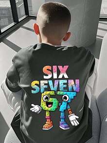 Adolescente - Camiseta con estampado de cómic "SIX SEVEN-Italian Brain" con los números 6 y 7 coloridos, adecuada para uso diario, ropa urbana, campus, versátil y casual para el verano. - Verde Oliva - Ver 10