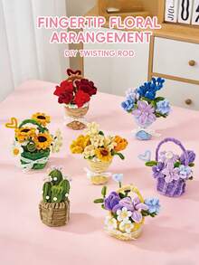 DIY 旋转木棍花篮系列，材料包，包括紫朱鹭暖阳花篮、紫优雅花篮、暖阳花簇、仙人掌花篮、火红暖花篮、蓝朱鹭花束、火红暖花罐、暖阳花束。 - 彩色 - 查看 2