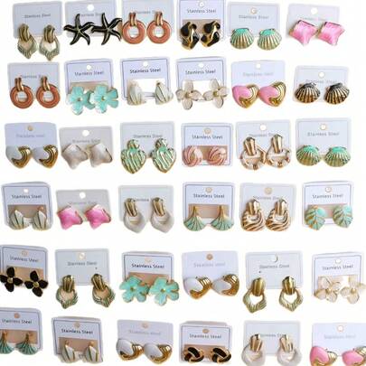 Fashionable Stainless Steel Earrings With Bow, Flower, And Heart Designs, Hypoallergenic Enamel Coated, Random Assortment