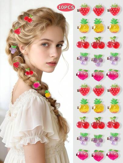 10个/套 半透明闪光水果发夹，可爱甜美女孩发饰，刘海夹，度假风