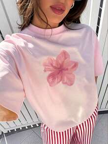 1pcs Plus Size Women's Loose Fit T-Shirt, Printed With Watercolor Pink Hibiscus Flowers, Perfect For Tropical Vacations, Beach Dates, Summer Parties - 粉色 - 查看 20