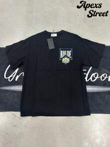 Rhude "Black" Shirt,100% Cotton Printed T-Shirt,Stylish Design, Men's Graphic T-Shirt, Minimalist Design, Vintage Casual Style, Hip-Hop Style. Suitable For Outdoor Leisure Activities, Family Gatherings, And Dinners With Friends. - 黑色2 - 查看 2