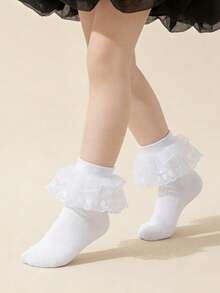 4 Pairs Solid Color Lace Trim Double Layer Princess Dance Socks For Kids & Toddlers - Champagne - View 4