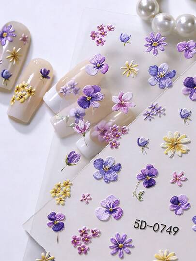 1张5D立体浮雕春夏花朵美甲贴纸，1片自粘彩色紫粉黄花朵美甲贴花，防水美甲装饰，适合女性女孩DIY美甲，婚礼派对节日日常美甲配件