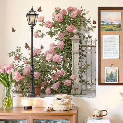 2pcs Rose Vine Wall Decor Stickers, Floral Fence Wall Mural Stickers, Lamp Post Wall Stickers