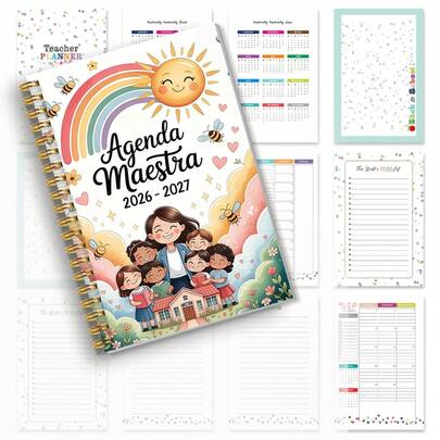1 pezzo Agenda Maestra 2025-2026 di dimensioni A5, in lingua spagnola, quaderno a spirale per insegnanti, calendario 2025-2026, pagine di pianificazione mensile e settimanale, design colorato a cartoni animati (sole, arcobaleno, ape), rilegatura a spirale durevole, regalo ideale per il ritorno a scuola per gli educatori