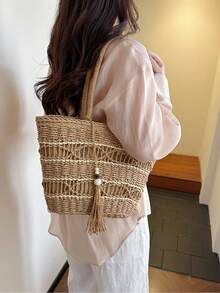 波西米亚风条纹草编手提包，带流苏 | 沙滩度假手提包 - 彩色 - 查看 4