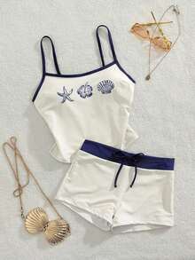 Women's Swimsuit Camisole, Elegant Sexy Ocean Print Lobster Crab Turtle Starfish Hibiscus Triangle Swimwear, Women's Crop Top With Built-In Bra Camisole Set, Suitable For Vacation, Beach, Pool And Sports, Autumn/Winter 2026 Spring/Summer, Music Festival, Basic, Graduation Ceremony, Women's Camisole And Spaghetti Strap Beach Outfit - 米色 - 查看 7