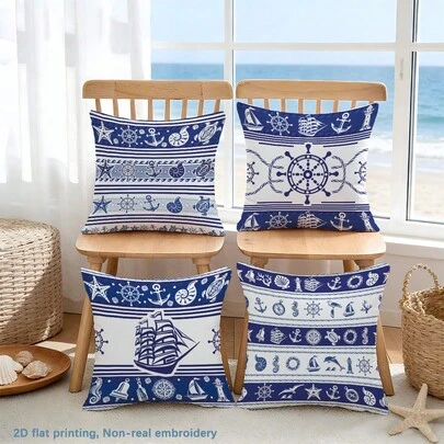 4pcs Summer Navy Blue Striped Anchor, Ship Rudder, Sailboat, Starfish, Seashell, Sea Turtle, Lighthouse, Seahorse, Seagull, Coral, Whale Print Pillow Covers [No Pillow Insert], 17.7*17.7in(45*45cm)/19.69*19.69in(50*50cm)/15.75*15.75in(40*40cm), [Single-Sided Printing], Made Of Polyester, Nautical Theme Throw Pillow Covers For Sofa, Living Room, Bedroom, Car, Office, Hotel, Homestay Decor, Perfect Gift For Family And Friends