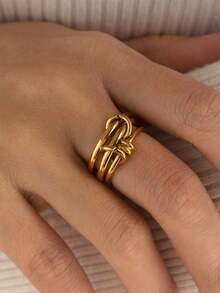 1pc 18K Gold Plated Creative Interlocking Round Rings Thick Stainless Steel Multi-Layer Ring, Perfect Jewelry Gift, Suitable For Women's Daily Wear - Ring - View 4