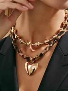 2件套波西米亚几何串珠心形吊坠豹纹项链，简约优雅，适合日常休闲、派对、街头风、情侣约会、度假、节日生日等场合，百搭饰品，是馈赠佳品。 - 項鍊 - 查看 2