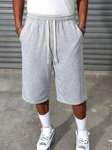 Men's Casual Loose Fit Drawstring Pants With Side Pockets, 3/4 Length, Suitable For Men's Fitness & Running, Pure Black Polyester, Versatile For All Seasons Summer - Light Grey - View 1