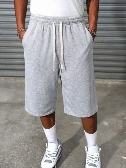 Men's Casual Loose Fit Drawstring Pants With Side Pockets, 3/4 Length, Suitable For Men's Fitness & Running, Pure Black Polyester, Versatile For All Seasons Summer