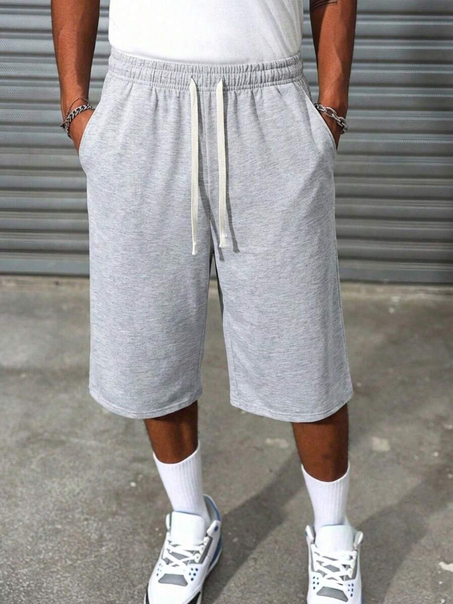 Men's Casual Loose Fit Drawstring Pants With Side Pockets, 3/4 Length, Suitable For Men's Fitness & Running, Pure Black Polyester, Versatile For All Seasons Summer - Light Grey - View 1