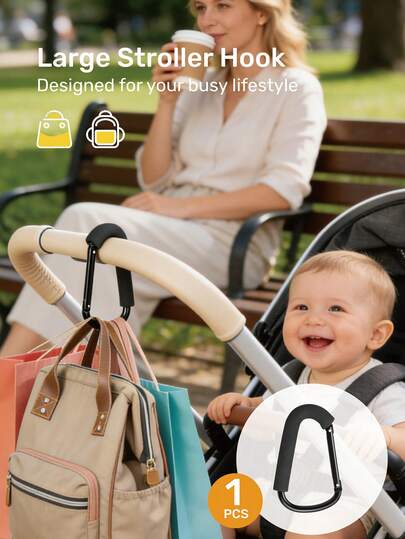 Gancho para cochecito para colgar bolsas de pañales, mosquetón grande para bolsas de la compra de mamá y accesorios, soporta hasta 6.8 kg (15.0 lbs), aleación de aluminio resistente y ligera con mango acolchado de espuma para proteger los mangos del cochecito y las bolsas, compatible con cochecitos, sillas de ruedas, bicicletas, carritos de compras, para uso en todas las estaciones