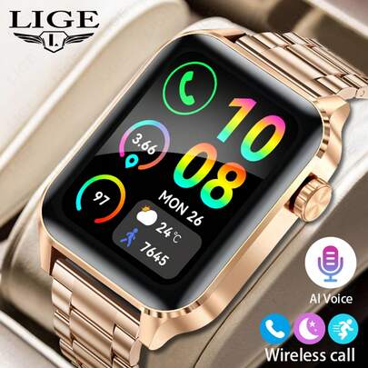 Reloj inteligente de moda LIGE, esfera cuadrada, contador de pasos, cronometraje, ejercicio, llamada inalámbrica, reproducción de música, alarma, múltiples funciones para reloj inteligente de mujer