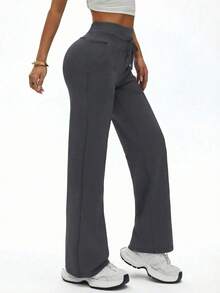 Women's High Waist Wide Leg Casual Pants (With Side Pockets) - Daily Casual Style Sports - Dark Grey - View 5