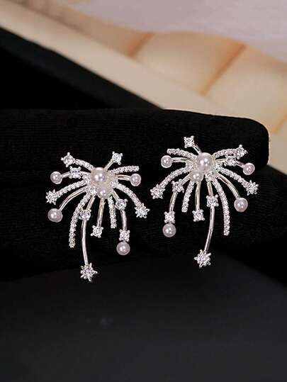 1 Pair Women's Elegant Faux Pearl Like Dangling Firework Earrings - Sparkling Starburst Studs With Cascading Layered Faux Pearl, Versatile Party Wedding Daily Wear Jewelry, YearRound Luxury Bridal Earrings