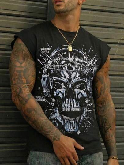 Camiseta sin mangas con estampado digital de calavera con auriculares, gráfico de letras de invierno americano en la parte delantera y trasera, estética grunge Y2K, ropa de calle oscura, de tela suave y transpirable, para hombre