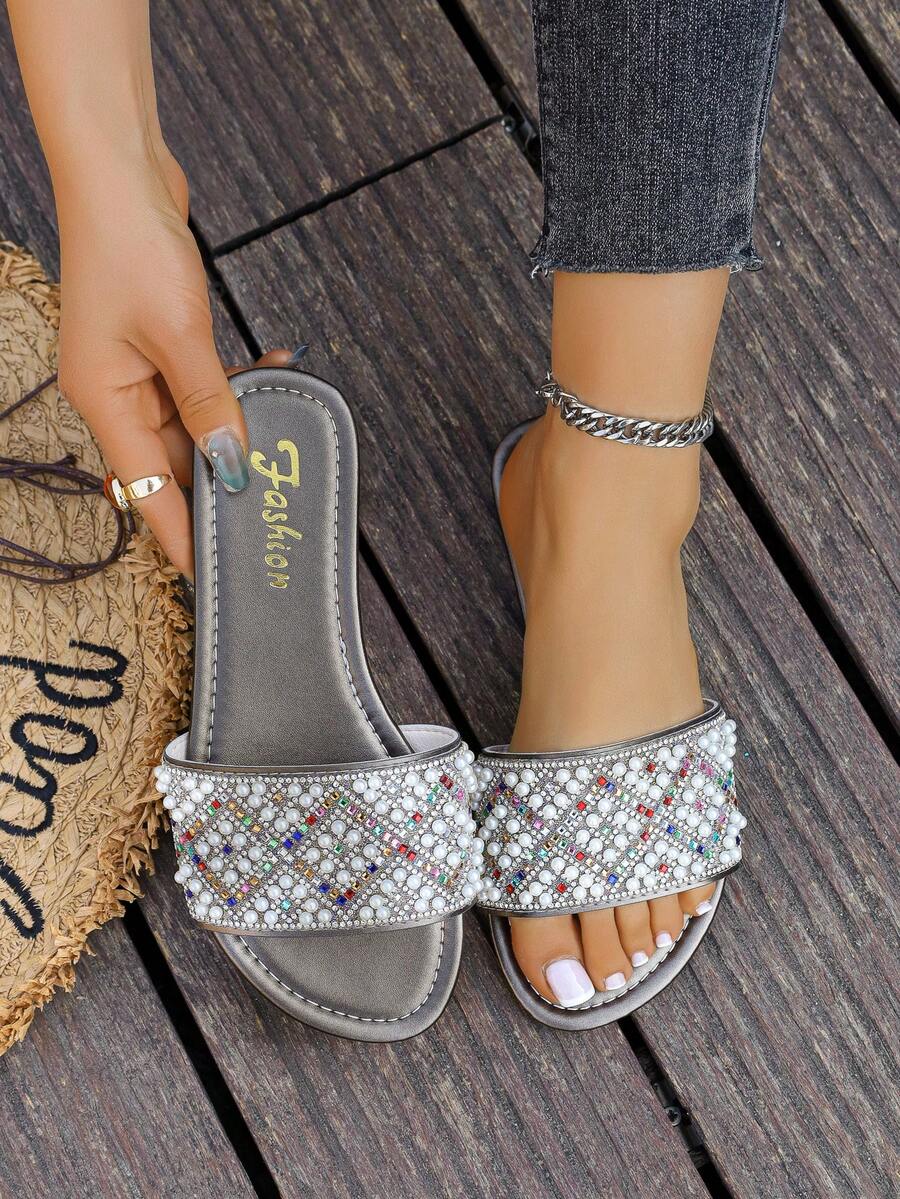 女士平底凉鞋，夏季单带水钻鞋，圆头皮革低跟平底鞋，露趾舒适穆勒鞋，棕色休闲鞋，蓝色户外凉鞋，优雅拖鞋 - 淺灰色 - 查看 1