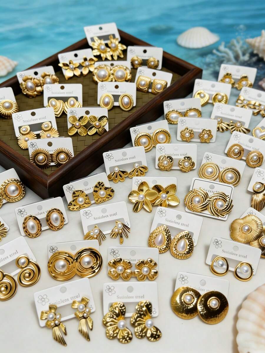 Bộ 20 bông tai ngọc trai bằng thép không gỉ tối giản thời trang, họa tiết trái tim hình học và hoa lá, lấy cảm hứng từ phong cách Dubai, món quà cưới/trang trí tiệc/quà năm mới hoàn hảo, phụ kiện đa năng cho mọi mùa, trang sức nữ. - Nhiều màu - Xem 1