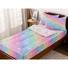NTBED - Juego de ropa de cama con cierre estampada de arcoíris para niños y niñas juego de edredón ligero de microfibra con purpurina con fundas de almohada ajustadas - Rosa y amarillo - Ver 2