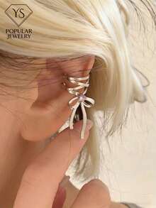 1 pieza Clip de oreja con lazo y strass, adecuado para uso diario, festivales y fiestas de mujeres - Plateado - Ver 3