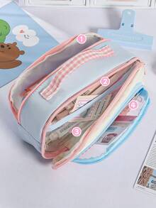 1pc Cute Transparent Window Portable Pencil Bag, Portable Large-Capacity 4-Layer Storage, Contrast Color Design Stationery Pouch, Transparent Compartment, Corduroy Material For Primary School Students - Multicolor - View 4