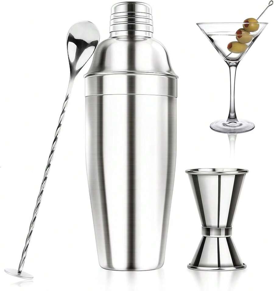 24OZ Cocktail Shaker Set - Cocktail Bar Martini Drink Shaker Set With Strainer Stainl Steel Bartender Kit Drink Mixer With Jigger Mixing Spoon Bar Accories For Beginners - 銀色 - 查看 1