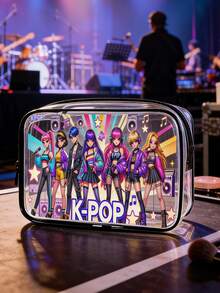 1个K-Pop偶像主题PVC化妆包，拉链密封PVC旅行收纳袋，印有K-Pop标志，轻便耐用，适合女性和女孩的化妆洗漱包，便携式化妆盒，易于清洁，科技感十足的收纳包 | 现代美学 | 防褪色材质，旅行必备，度假，夏季，返校，学习用品包，洗漱包，防水旅行化妆包，洗漱包，透明防水袋，大容量淋浴包，母亲节礼物，教师节礼物，邮轮旅行必备 - 彩色 - 查看 2