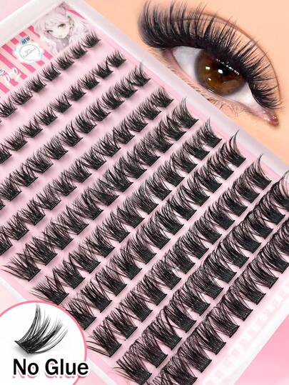 Rikuaild 120片D型卷翘自粘假睫毛簇，蓬松纤长，8-16毫米，无需胶水，单根自粘，DIY睫毛嫁接，预粘睫毛簇，自然柔软，无需胶水无需卸妆，易于使用，黑色美丽假睫毛，适合初学者，可用于日常、婚礼、约会、派对、音乐节、圣诞节等各种场合。